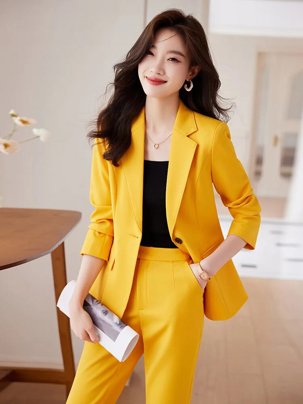 Novi ženski svečani kompleti hlača iz 2023. Ženski žuto-ljubičasto-crveni crni sako sako Hlače za uredske dame Poslovna radna odjeća Set od 2 komada