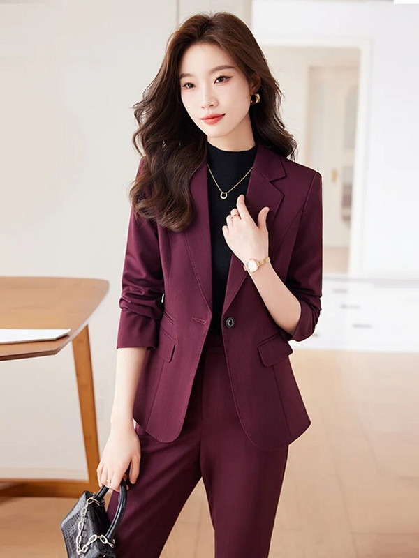 Novi ženski svečani kompleti hlača iz 2023. Ženski žuto-ljubičasto-crveni crni sako sako Hlače za uredske dame Poslovna radna odjeća Set od 2 komada