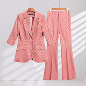 Elegantni ženski komplet od 2 komada Ružičasto Crno Žuti Karirani sako s pola rukava i odijelo s hlačama Uredski ženski poslovni formalni kompleti hlača