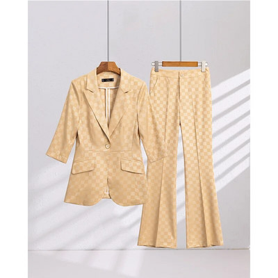 Elegantni ženski komplet od 2 komada Ružičasto Crno Žuti Karirani sako s pola rukava i odijelo s hlačama Uredski ženski poslovni formalni kompleti hlača