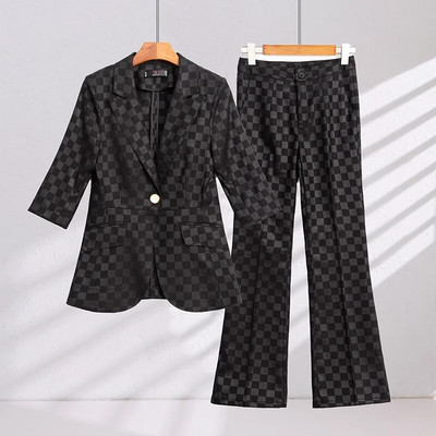 Elegantni ženski komplet od 2 komada Ružičasto Crno Žuti Karirani sako s pola rukava i odijelo s hlačama Uredski ženski poslovni formalni kompleti hlača