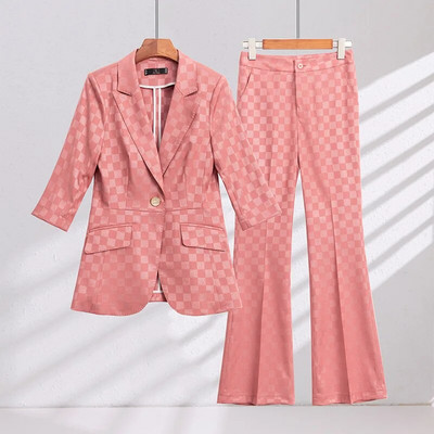 Elegantni ženski komplet od 2 komada Ružičasto Crno Žuti Karirani sako s pola rukava i odijelo s hlačama Uredski ženski poslovni formalni kompleti hlača