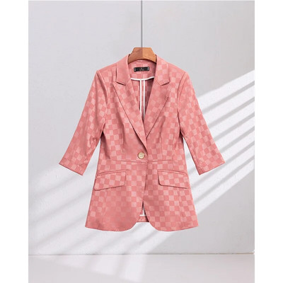 Elegantni ženski komplet od 2 komada Ružičasto Crno Žuti Karirani sako s pola rukava i odijelo s hlačama Uredski ženski poslovni formalni kompleti hlača