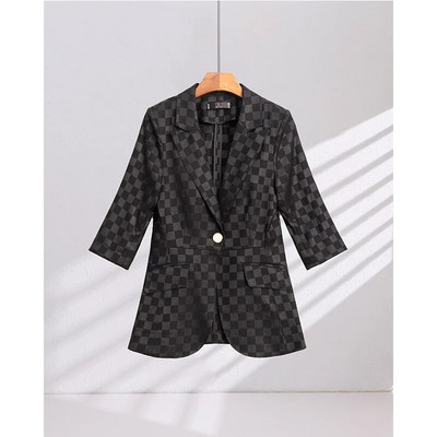 Elegantni ženski komplet od 2 komada Ružičasto Crno Žuti Karirani sako s pola rukava i odijelo s hlačama Uredski ženski poslovni formalni kompleti hlača