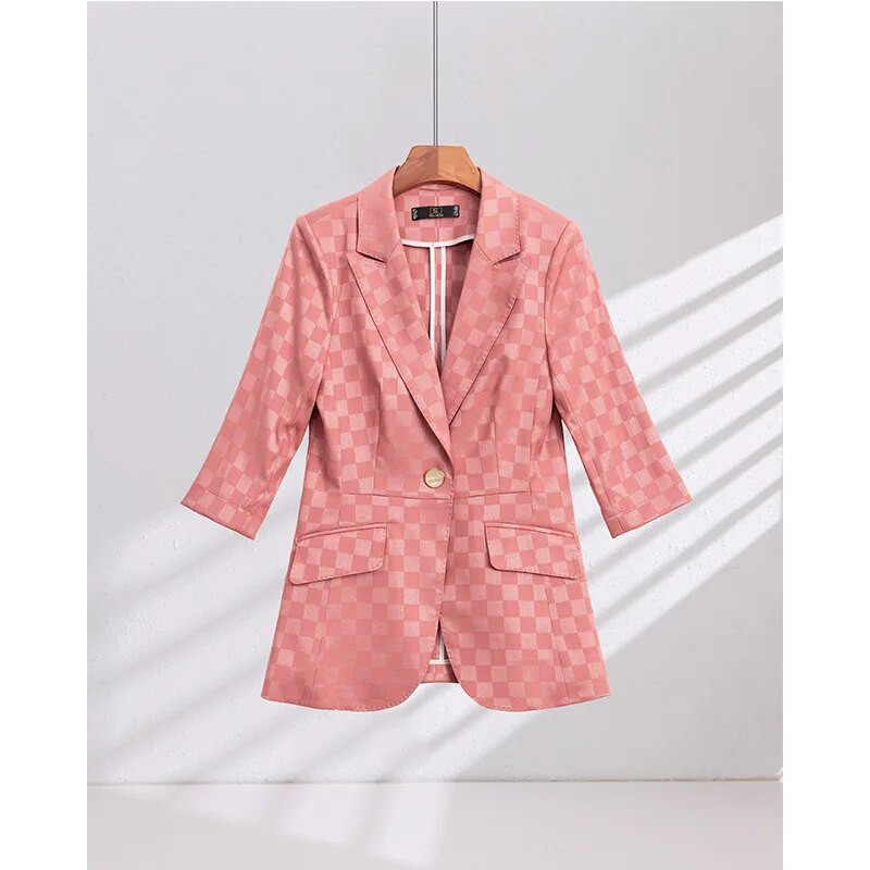 Elegantni ženski komplet od 2 komada Ružičasto Crno Žuti Karirani sako s pola rukava i odijelo s hlačama Uredski ženski poslovni formalni kompleti hlača