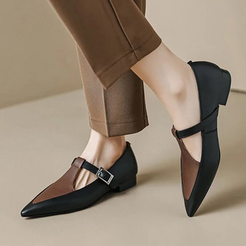 Νέα γυναικεία φλατ Παπούτσια με λουράκι T Λευκά μαύρα δερμάτινα παπούτσια με μυτερή μύτη Χαμηλά τακούνια Vintage Zapatos Mujer 1342N