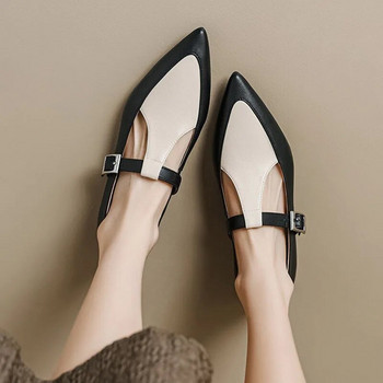 Νέα γυναικεία φλατ Παπούτσια με λουράκι T Λευκά μαύρα δερμάτινα παπούτσια με μυτερή μύτη Χαμηλά τακούνια Vintage Zapatos Mujer 1342N