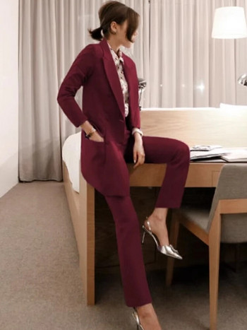 Μόδα Κορεάτικη στολή 2 τεμαχίων Γυναικεία επαγγελματικές επίσημες τσέπες Λεπτό παλτό κοστούμι blazer μακρύ παντελόνι Παντελόνι σετ Ρούχα σε στυλ εργασίας