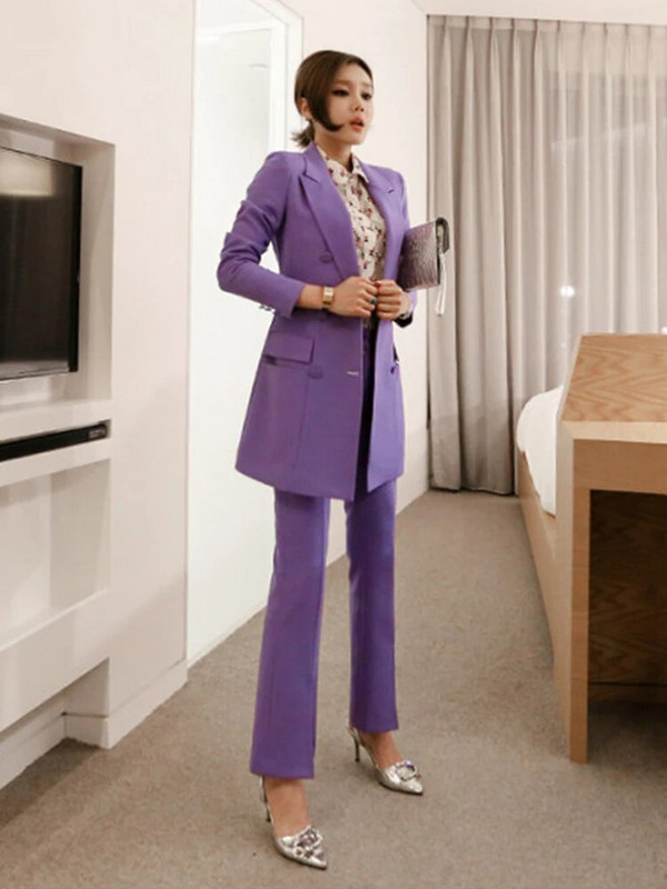 Divatos koreai 2 részes ruha Női Üzleti Formális Zsebek Vékony Kabát Blézer Öltöny Hosszú nadrág Nadrág Szettek Munka Stílus Ruhák
