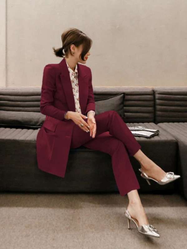 Divatos koreai 2 részes ruha Női Üzleti Formális Zsebek Vékony Kabát Blézer Öltöny Hosszú nadrág Nadrág Szettek Munka Stílus Ruhák