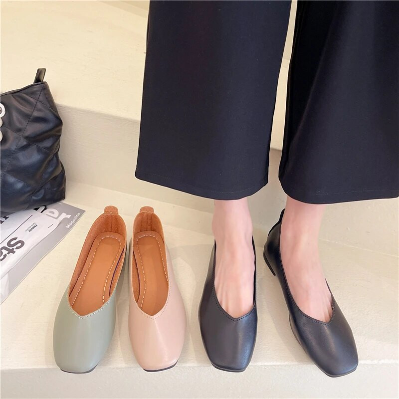 Ženske ravne cipele s četvrtastim vrhom Jednobojne natikače Plitke cipele Crne mokasine Bijele vjenčane sažete jednostruke cipele Proljeće 9802C