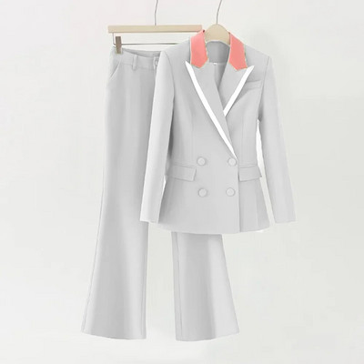 Office Lady Fresh Color Rózsaszín gallér Patchwork zöld blézer öltönyök 2 DB normál szabású, széles szárú nadrágok női ruhák női öltöny piros