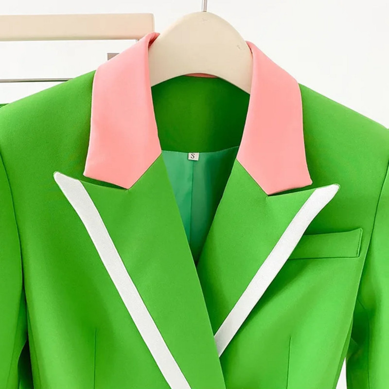 Office Lady Fresh Color Rózsaszín gallér Patchwork zöld blézer öltönyök 2 DB normál szabású, széles szárú nadrágok női ruhák női öltöny piros