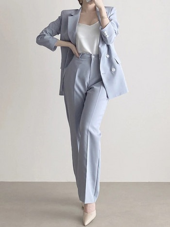 Two Piece Sets Γυναικεία ρούχα 2023 Φθινόπωρο Νέα Μόδα μονόχρωμο μακρυμάνικο διπλό μπλέιζερ παλτό + ψηλόμεσο παντελόνι