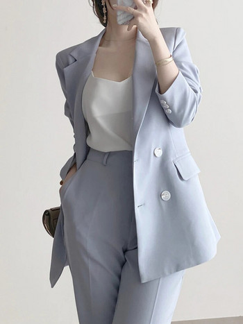 Two Piece Sets Γυναικεία ρούχα 2023 Φθινόπωρο Νέα Μόδα μονόχρωμο μακρυμάνικο διπλό μπλέιζερ παλτό + ψηλόμεσο παντελόνι