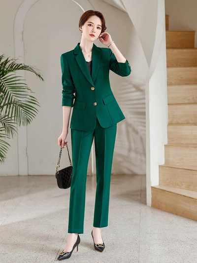 Ženski zeleni formalni komplet odijela s hlačama Jesen Zima Modni uski sako i hlače Uredska dama Poslovna radna odjeća Kompleti od 2 komada
