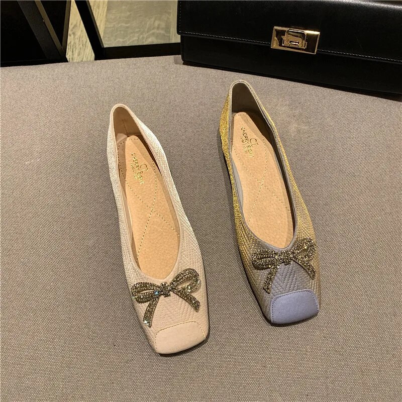 Ženske baletne cipele s ravnom mašnom i plitkim ustima s četvrtastim prstima Slatko mekano dno Udobne ravne cipele za posao Cipele za trudnice Mokasine