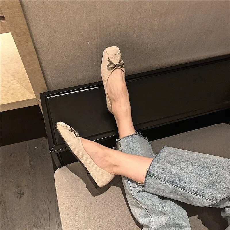 Ženske baletne cipele s ravnom mašnom i plitkim ustima s četvrtastim prstima Slatko mekano dno Udobne ravne cipele za posao Cipele za trudnice Mokasine