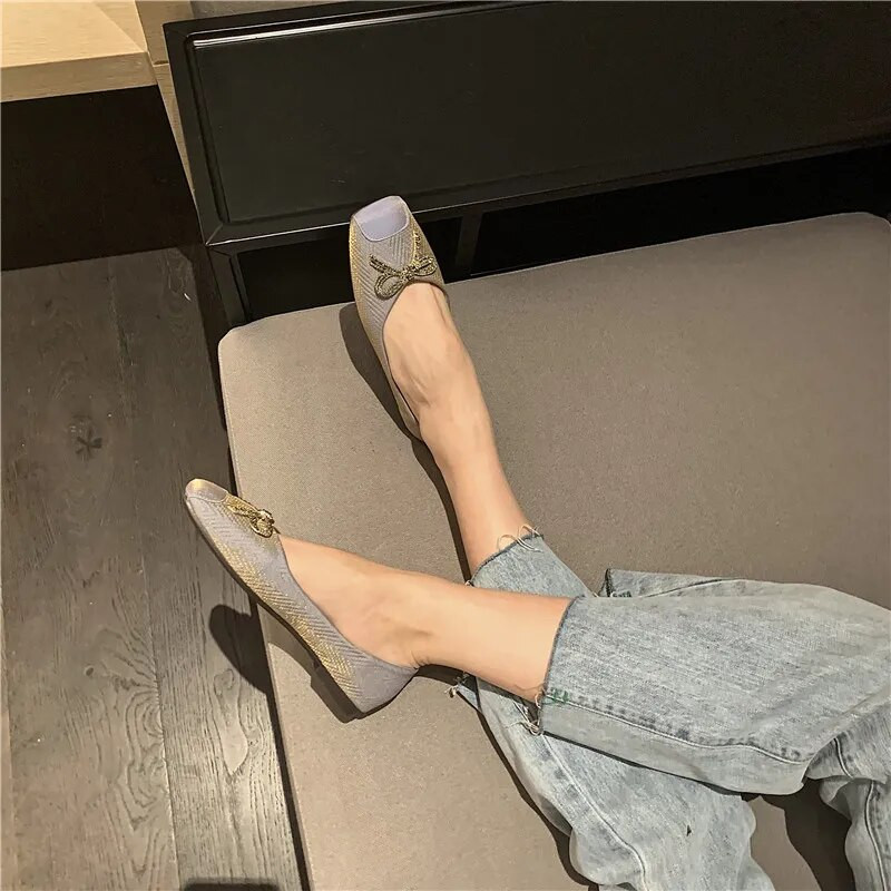 Ženske baletne cipele s ravnom mašnom i plitkim ustima s četvrtastim prstima Slatko mekano dno Udobne ravne cipele za posao Cipele za trudnice Mokasine