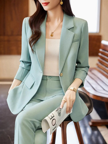 Γυναικεία κοστούμια 2023 Φθινόπωρο Νέο Casual Πράσινο Μπλε Χακί Μαύρο Slim Blazer + Σετ παντελονιού Επίσημο Γυναικείο Γυναικείο Γυναικείο Επαγγελματικό Κοστούμι