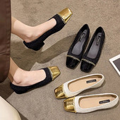 Nove ženske cipele na ravnom prstu sa zlatnim prstima. Kostim Cipele na ravne cipele od tvida. Plitke jednostruke cipele s lancem. Za žene svečane cipele 1211N