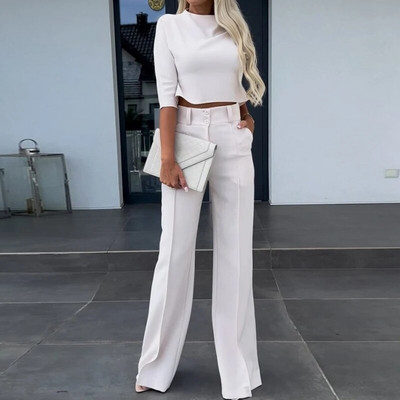 Sieviešu rudens elegants īss tops ar augstu vidukli, platas bikses divdaļīgs komplekts Elegants vienkrāsains šaurs uzvalks ikdienas dāmu divdaļīgs