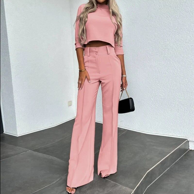 Sieviešu rudens elegants īss tops ar augstu vidukli, platas bikses divdaļīgs komplekts Elegants vienkrāsains šaurs uzvalks ikdienas dāmu divdaļīgs