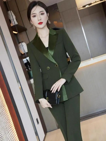 Ανοιξιάτικο φθινόπωρο γυναικεία μόδα Μαύρο μακρυμάνικο σακάκι + κίτρινο ψηλόμεσο παντελόνι κορεατικό γραφείο γυναικείο πράσινο σετ δύο τεμαχίων