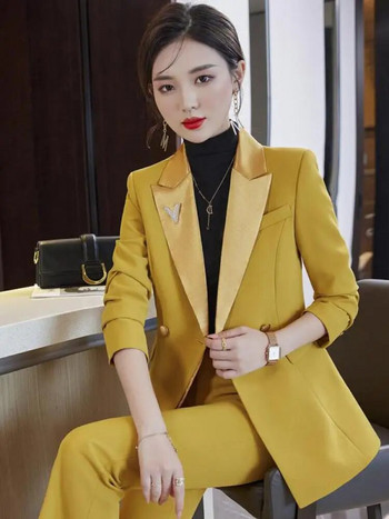 Ανοιξιάτικο φθινόπωρο γυναικεία μόδα Μαύρο μακρυμάνικο σακάκι + κίτρινο ψηλόμεσο παντελόνι κορεατικό γραφείο γυναικείο πράσινο σετ δύο τεμαχίων