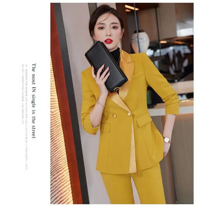 Proljeće jesen Ženski modni crni sako dugih rukava + žute široke hlače visokog struka Korejski uredski ženski komplet od dva dijela