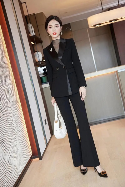 Proljeće jesen Ženski modni crni sako dugih rukava + žute široke hlače visokog struka Korejski uredski ženski komplet od dva dijela
