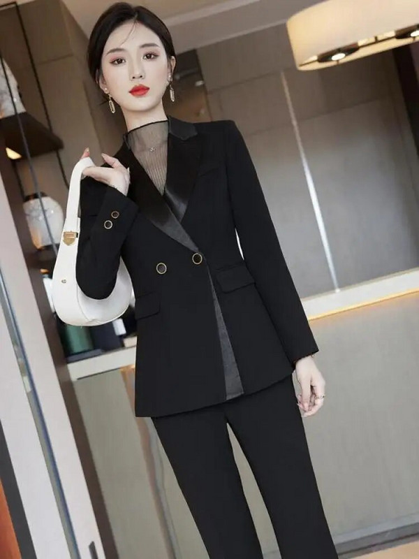 Proljeće jesen Ženski modni crni sako dugih rukava + žute široke hlače visokog struka Korejski uredski ženski komplet od dva dijela