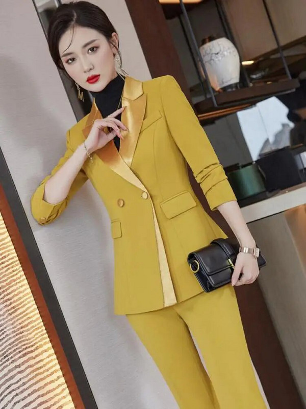 Proljeće jesen Ženski modni crni sako dugih rukava + žute široke hlače visokog struka Korejski uredski ženski komplet od dva dijela