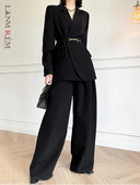 [LANMREM] Augstākās klases uzvalks, 2 daļīgs komplekts sievietēm, asimetriskas pogas, vaļīgas bleizeri ar augstu vidukli, platas bikses 2023. gada rudens, jauns 26D4784