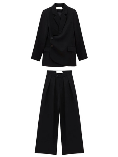 [LANMREM] Augstākās klases uzvalks, 2 daļīgs komplekts sievietēm, asimetriskas pogas, vaļīgas bleizeri ar augstu vidukli, platas bikses 2023. gada rudens, jauns 26D4784