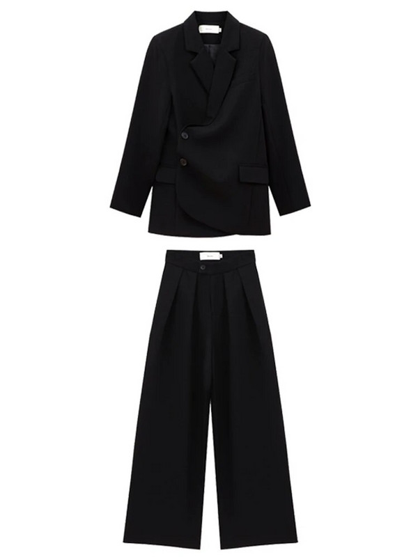 [LANMREM] Augstākās klases uzvalks, 2 daļīgs komplekts sievietēm, asimetriskas pogas, vaļīgas bleizeri ar augstu vidukli, platas bikses 2023. gada rudens, jauns 26D4784