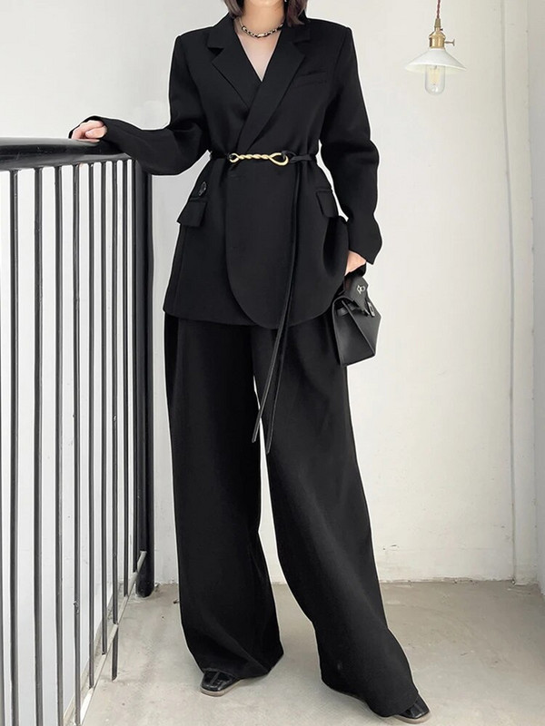 [LANMREM] Augstākās klases uzvalks, 2 daļīgs komplekts sievietēm, asimetriskas pogas, vaļīgas bleizeri ar augstu vidukli, platas bikses 2023. gada rudens, jauns 26D4784