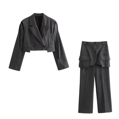 TRAF 2023. gada jaunākie sieviešu svītraino uzvalku komplekti, vintage biroja mēteļi, kabatas, taisni bikšu komplekti, rudens sieviešu uzvalki