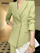 „Ciryy“ kostiumas moterims, 2023 m. biuro apranga, naujas korėjietiškas šviesiai žalios spalvos ilgomis rankovėmis dvieilis švarkas ir kelnių kostiumai aukštu liemeniu