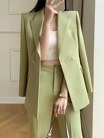 Circyy Κοστούμι για Γυναικεία Ρούχα γραφείου 2023 Νέο Κορεάτικο ανοιχτό πράσινο μακρυμάνικο παλτό με διπλό στήθος + ψηλόμεσο παντελόνι
