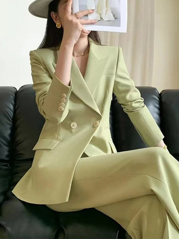 Circyy Κοστούμι για Γυναικεία Ρούχα γραφείου 2023 Νέο Κορεάτικο ανοιχτό πράσινο μακρυμάνικο παλτό με διπλό στήθος + ψηλόμεσο παντελόνι