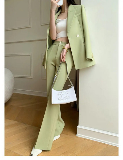 „Ciryy“ kostiumas moterims, 2023 m. biuro apranga, naujas korėjietiškas šviesiai žalios spalvos ilgomis rankovėmis dvieilis švarkas ir kelnių kostiumai aukštu liemeniu