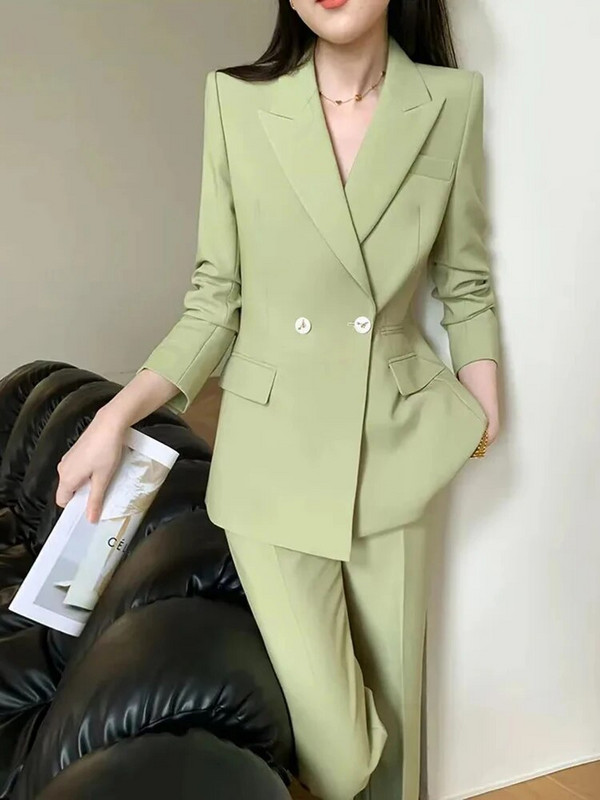 „Ciryy“ kostiumas moterims, 2023 m. biuro apranga, naujas korėjietiškas šviesiai žalios spalvos ilgomis rankovėmis dvieilis švarkas ir kelnių kostiumai aukštu liemeniu