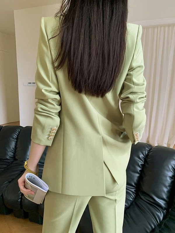 „Ciryy“ kostiumas moterims, 2023 m. biuro apranga, naujas korėjietiškas šviesiai žalios spalvos ilgomis rankovėmis dvieilis švarkas ir kelnių kostiumai aukštu liemeniu
