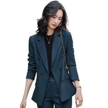 Κορέα Μόδα Κοστούμι καριέρας Γυναικείο 2023 Νέο Πράσινο Γυναικείο μακρυμάνικο γυναικείο κοστούμι με διπλό στήθος και λεπτό ψηλόμεσο παντελόνι