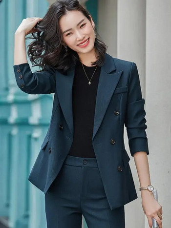 Κορέα Μόδα Κοστούμι καριέρας Γυναικείο 2023 Νέο Πράσινο Γυναικείο μακρυμάνικο γυναικείο κοστούμι με διπλό στήθος και λεπτό ψηλόμεσο παντελόνι