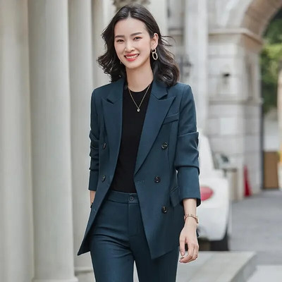 Korejsko modno odijelo za karijeru Žensko novo zeleno uredsko žensko odijelo s dvostrukim kopčanjem dugih rukava 2023. i uske hlače s visokim strukom