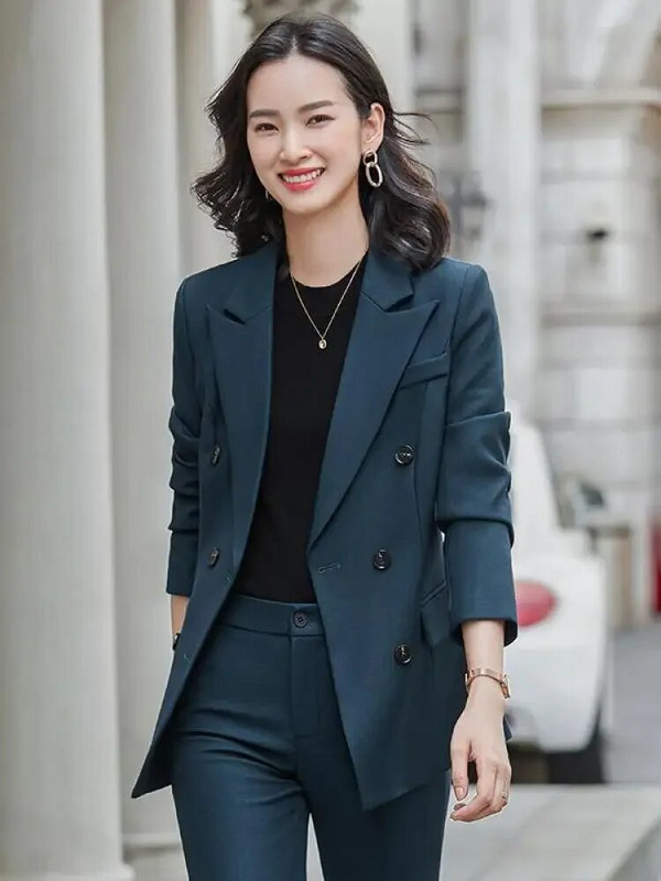 Korejsko modno odijelo za karijeru Žensko novo zeleno uredsko žensko odijelo s dvostrukim kopčanjem dugih rukava 2023. i uske hlače s visokim strukom