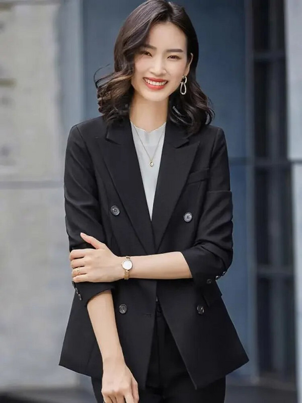 Korejsko modno odijelo za karijeru Žensko novo zeleno uredsko žensko odijelo s dvostrukim kopčanjem dugih rukava 2023. i uske hlače s visokim strukom