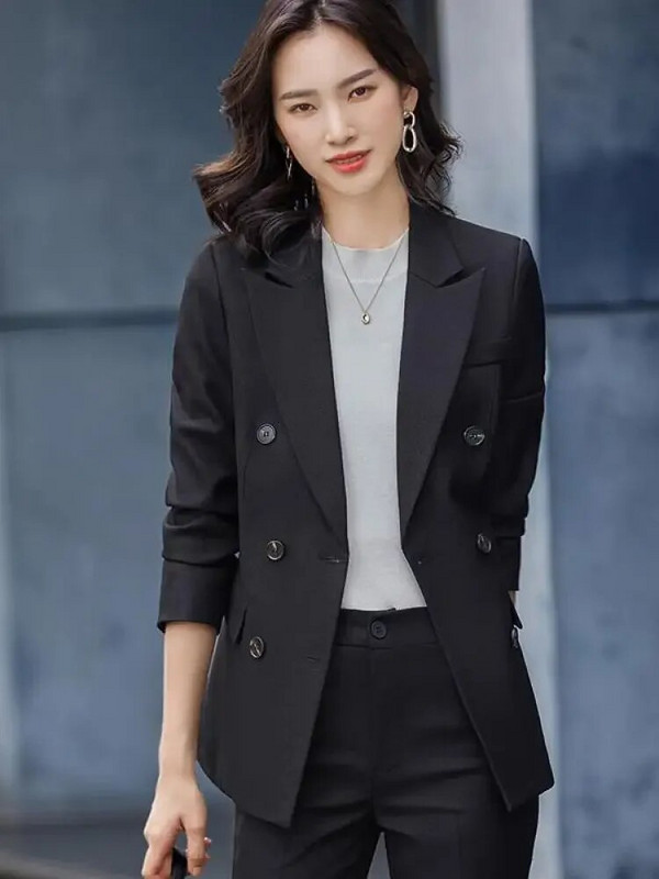 Korejsko modno odijelo za karijeru Žensko novo zeleno uredsko žensko odijelo s dvostrukim kopčanjem dugih rukava 2023. i uske hlače s visokim strukom